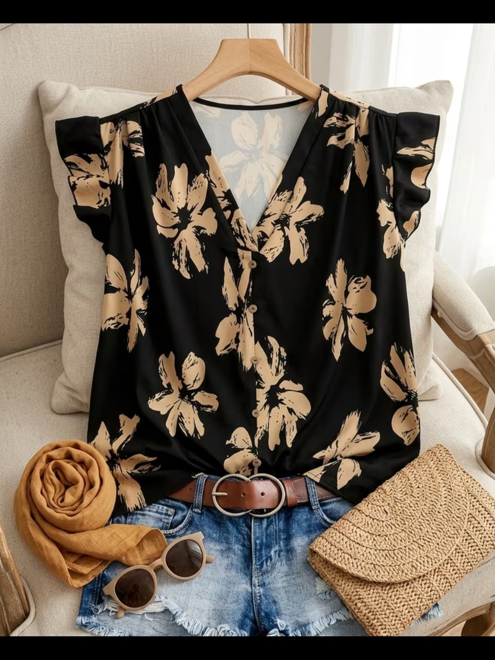 NWT - W🌼men’s Black Floral V-Neck Button Front Top